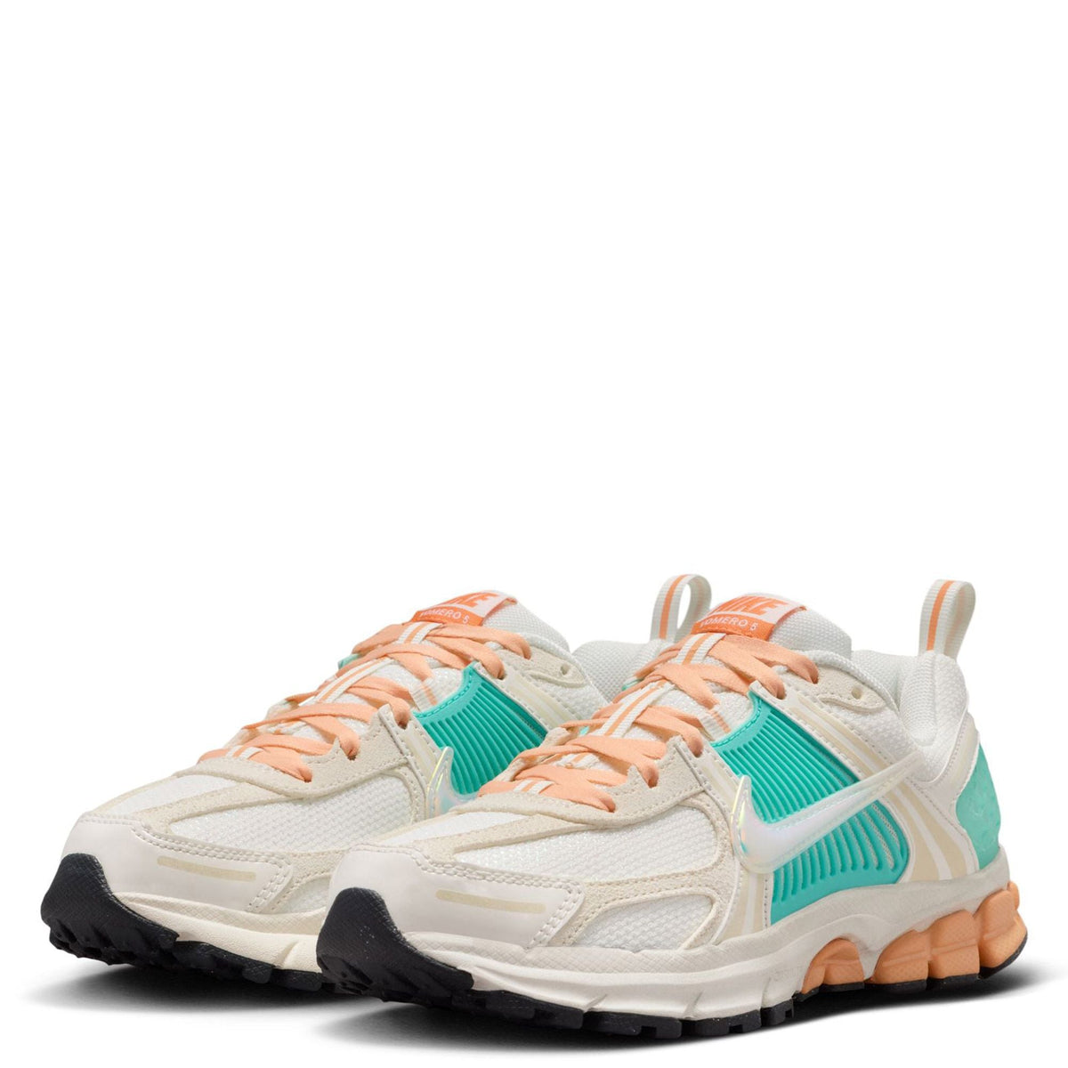 Kids' Nike sneakers with sail mesh, orange laces, teal details, chunky tread sole.