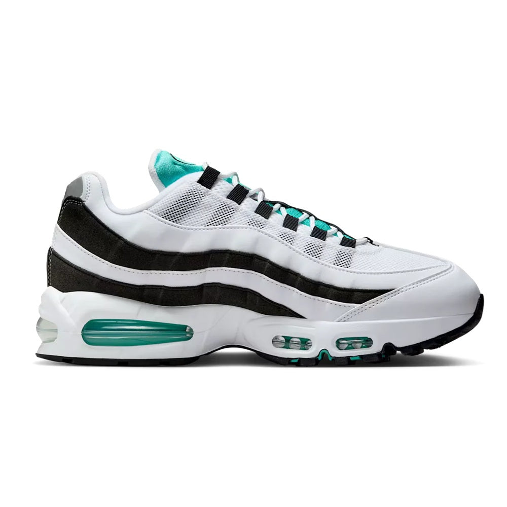 Men's Nike Air Max 95 sneaker in white mesh with black stripes and teal accents