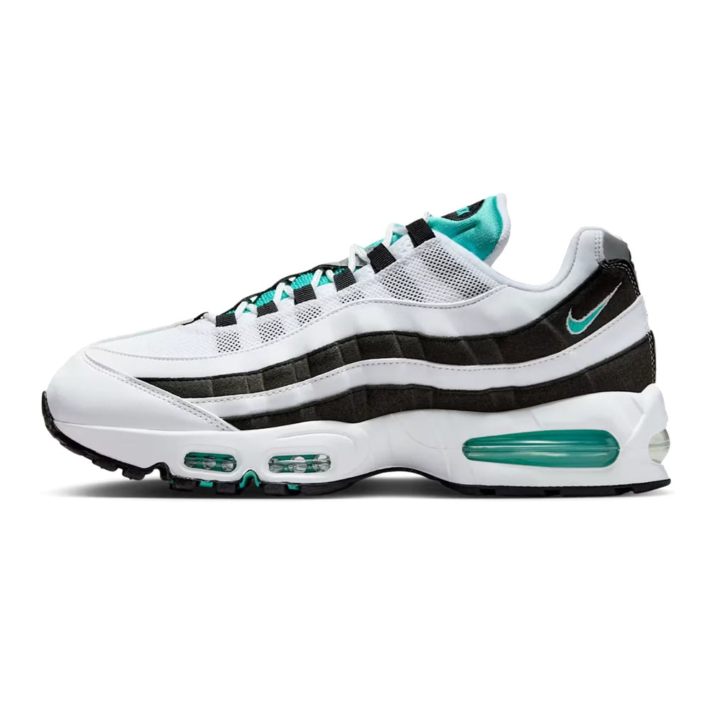 Men's Nike Air Max 95 sneaker, white with black midsole lines and teal lace details
