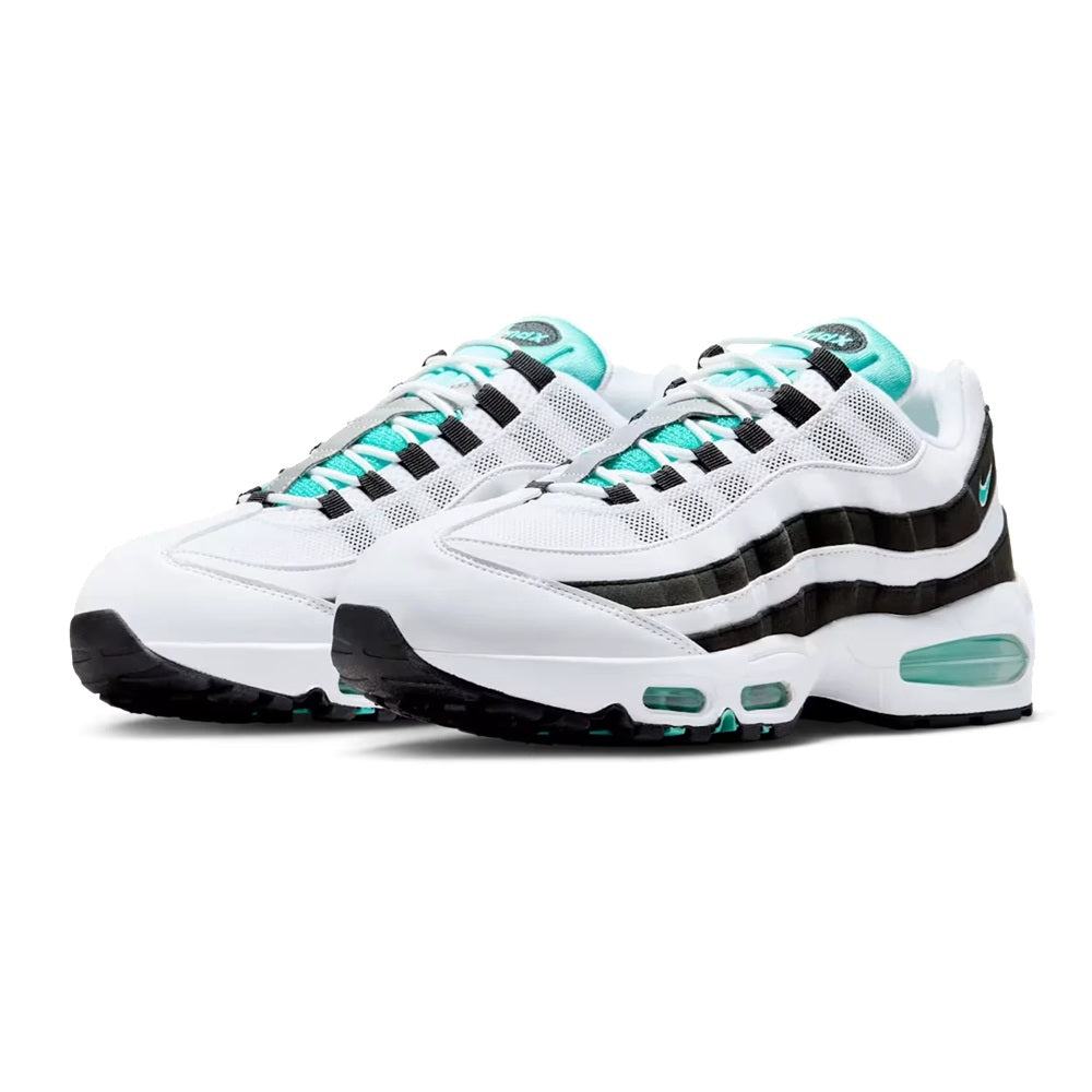 Pair of Men's Nike Air Max 95 sneakers in white mesh with black stripes and teal laces
