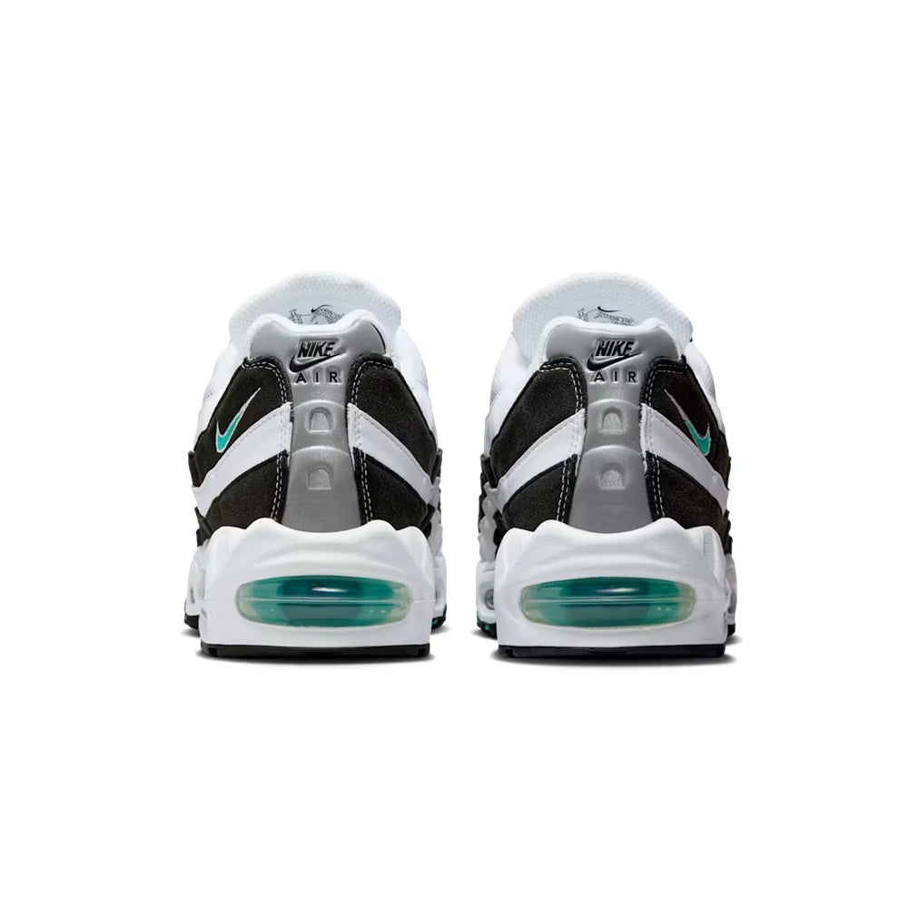 Men's Nike Air Max 95 heel view with white uppers, black panels, and teal air unit