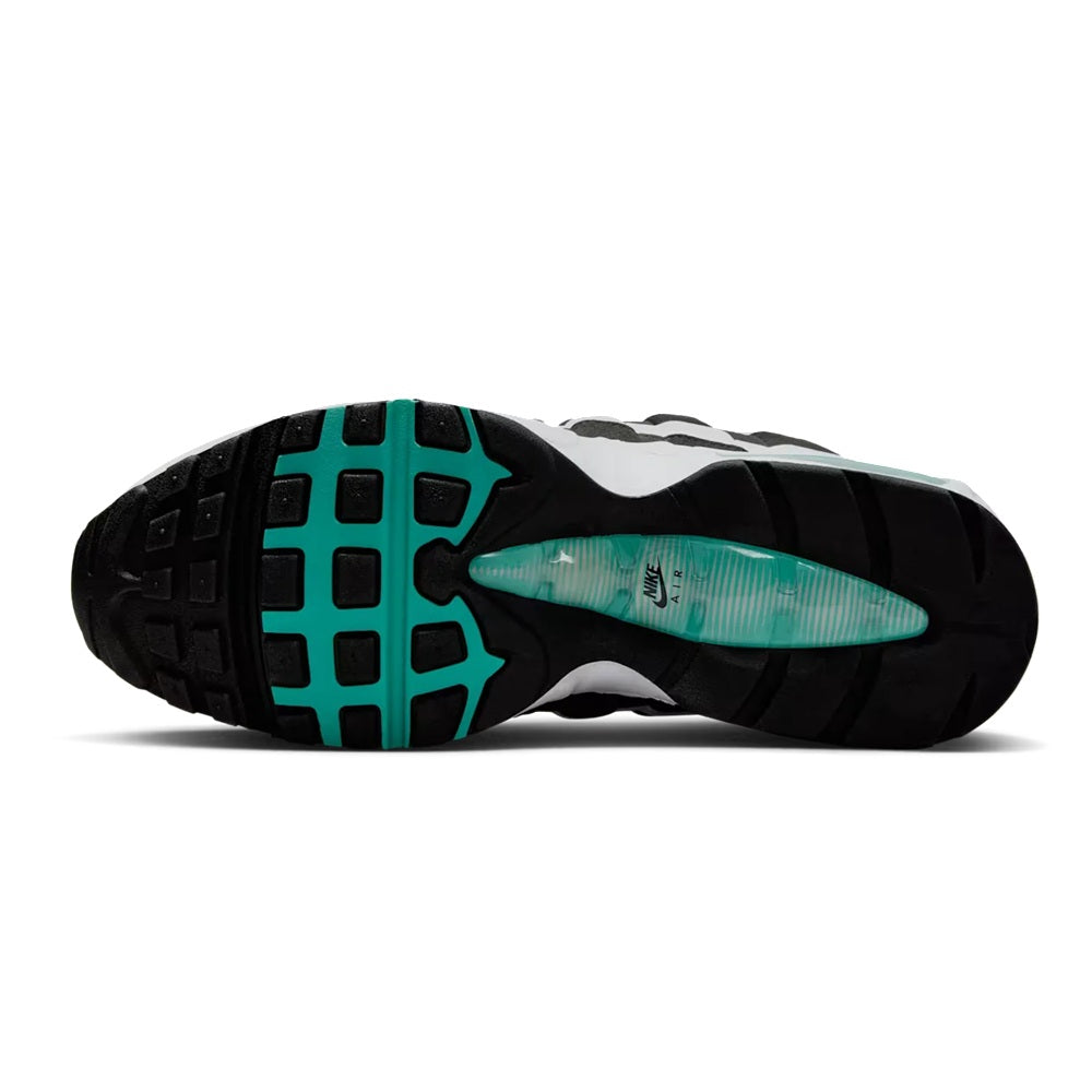 Men's Nike Air Max 95 outsole with black traction pods and teal-tinted air heel section