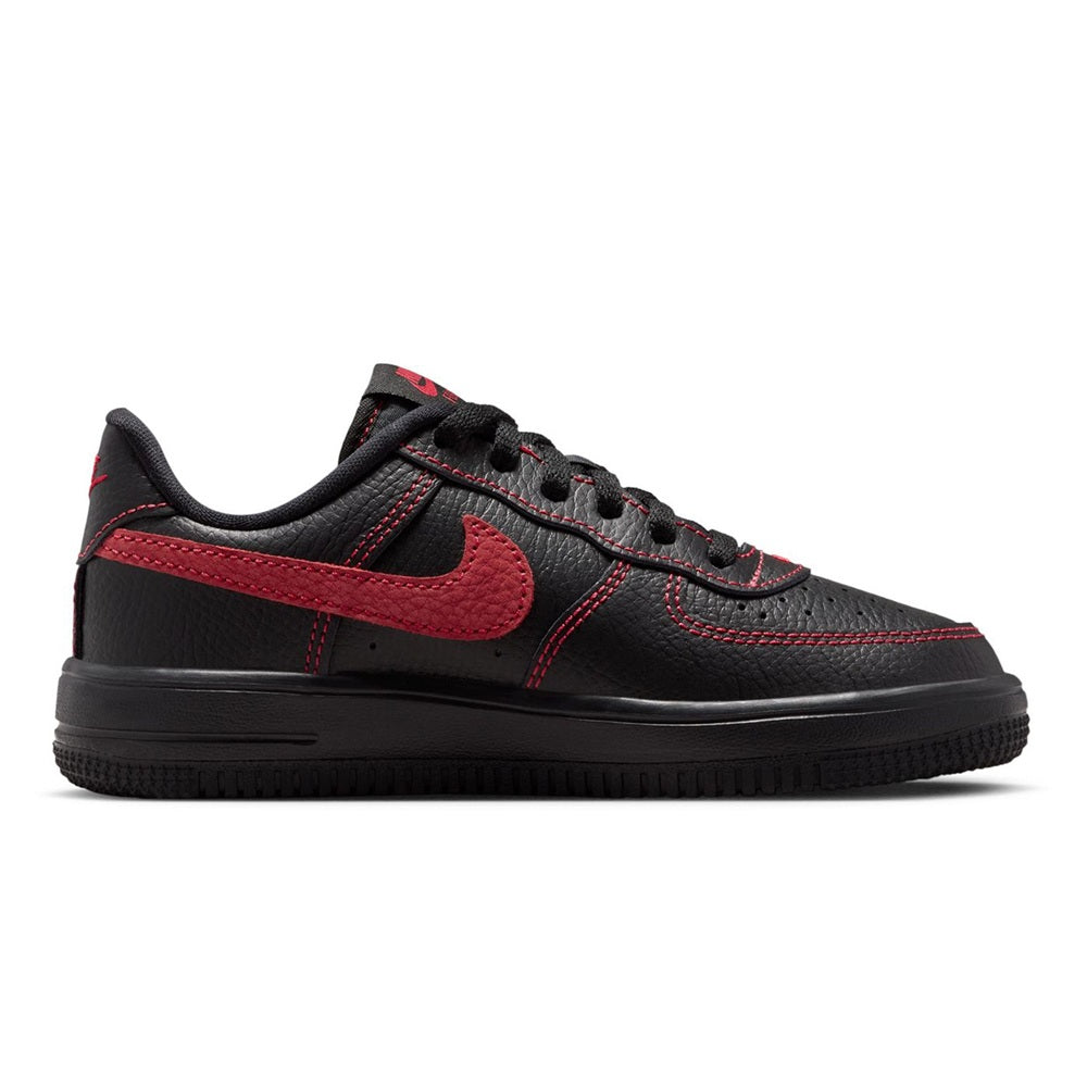 Kids' low-top Nike Force 1 sneakers, black leather with red swoosh and laces
