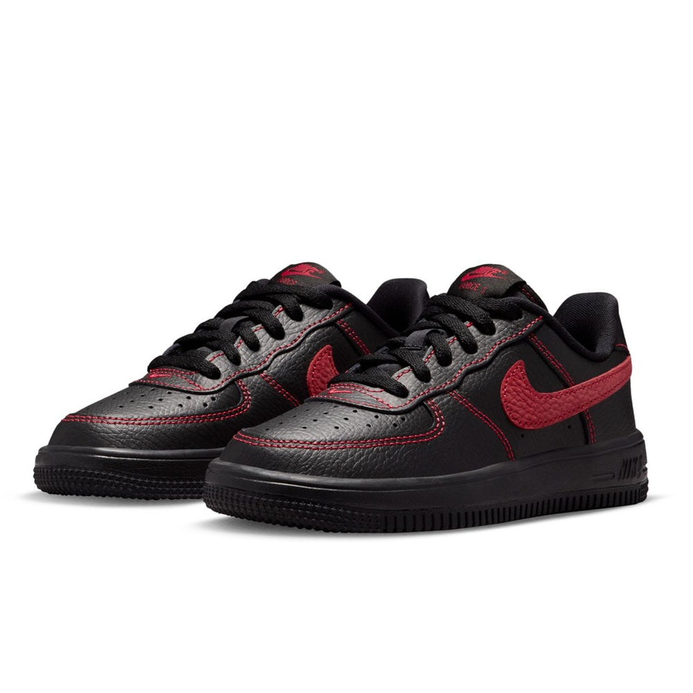 Pair of kids' Nike Force 1 low-top sneakers, black with red accents and lace-up