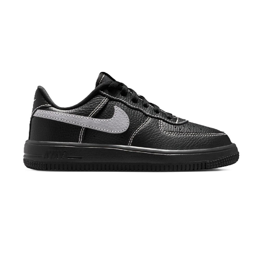Black kids' Nike Force 1 low-top sneaker with gray Swoosh, lace-up, black outsole