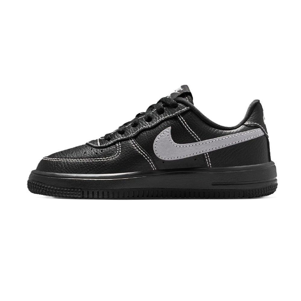 Black kids' Nike Force 1 low-top sneaker, gray Swoosh detail, lace-up front view