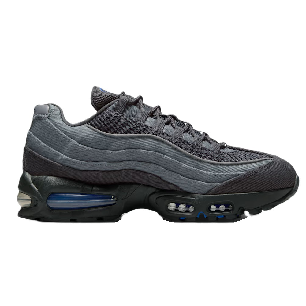 Nike Air Max 95 sneakers, smoke grey mesh upper with blue side window Air unit