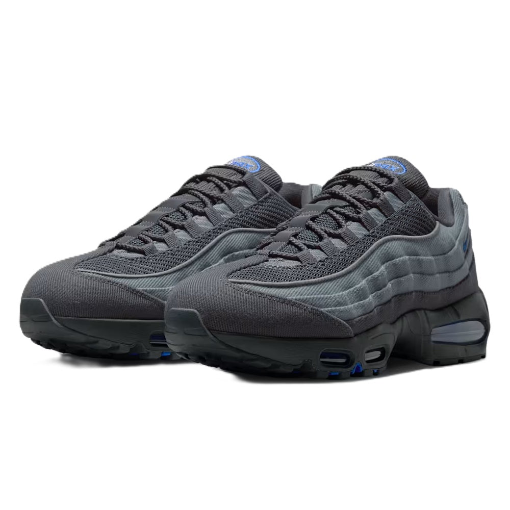 Nike Air Max 95 sneakers, smoke grey with blue laces accents and cushioned Air soles