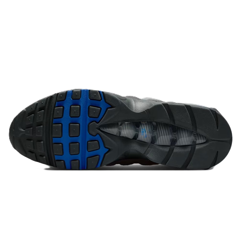 Nike Air Max 95 outsole with black rubber tread and blue traction pods