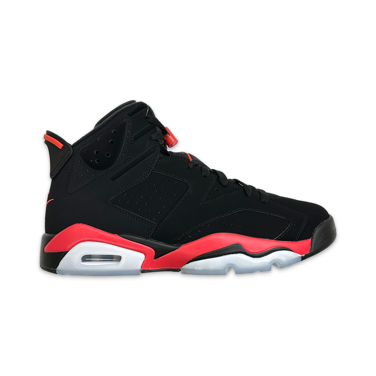 Air Jordan 6 Retro sneaker, dark black with red accents and white midsole.