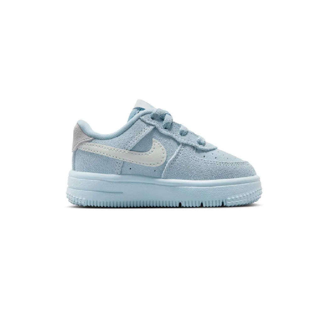Toddler low-top lace sneakers, light blue suede with white swoosh and cushioned sole