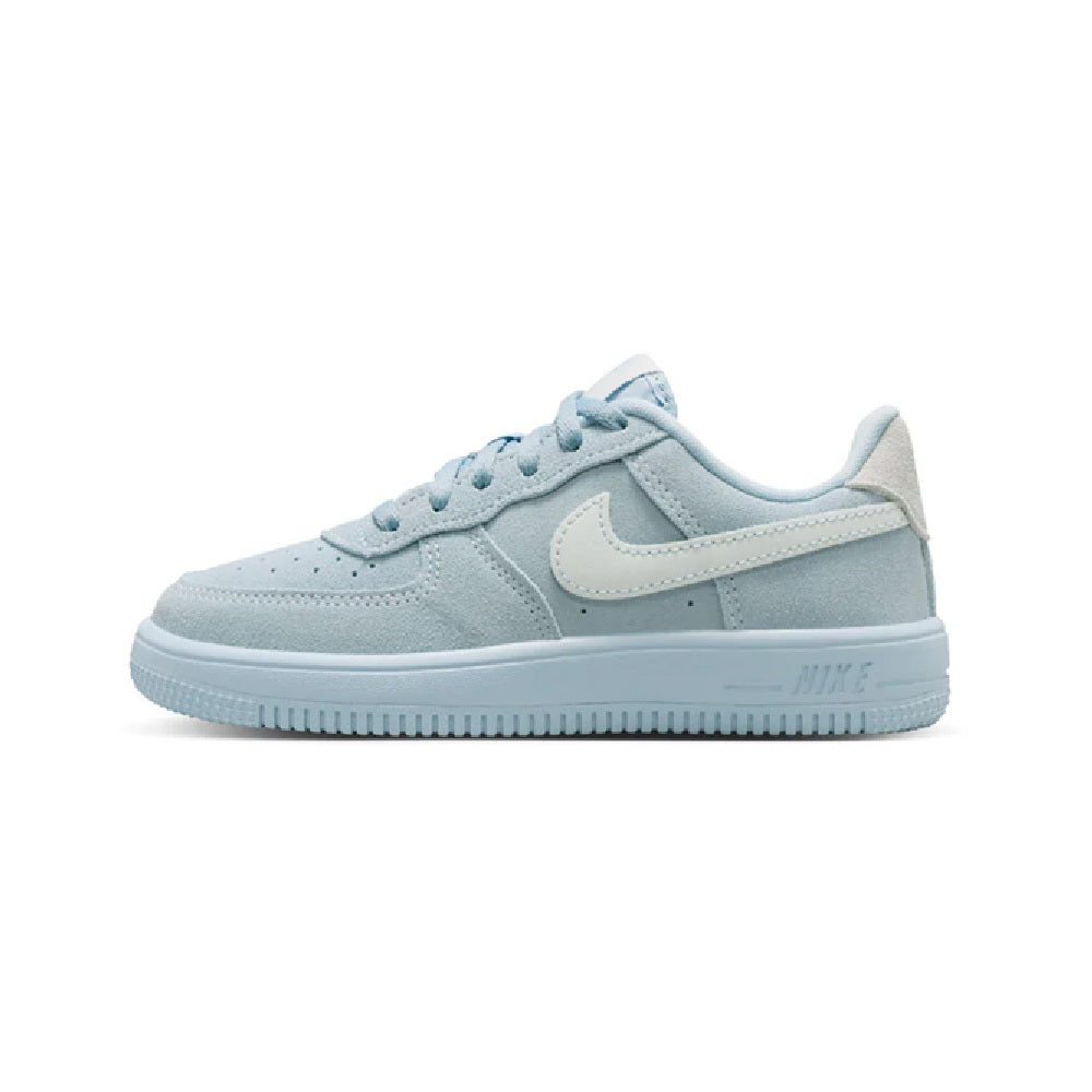 Kids' Nike Force 1 Low sneakers, light blue suede with white swoosh, lace-up