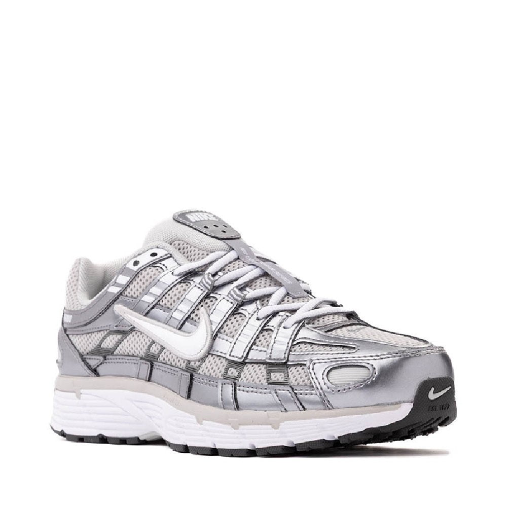 Women's Nike P-6000 sneaker, grey metallic-look upper with white swoosh and laces