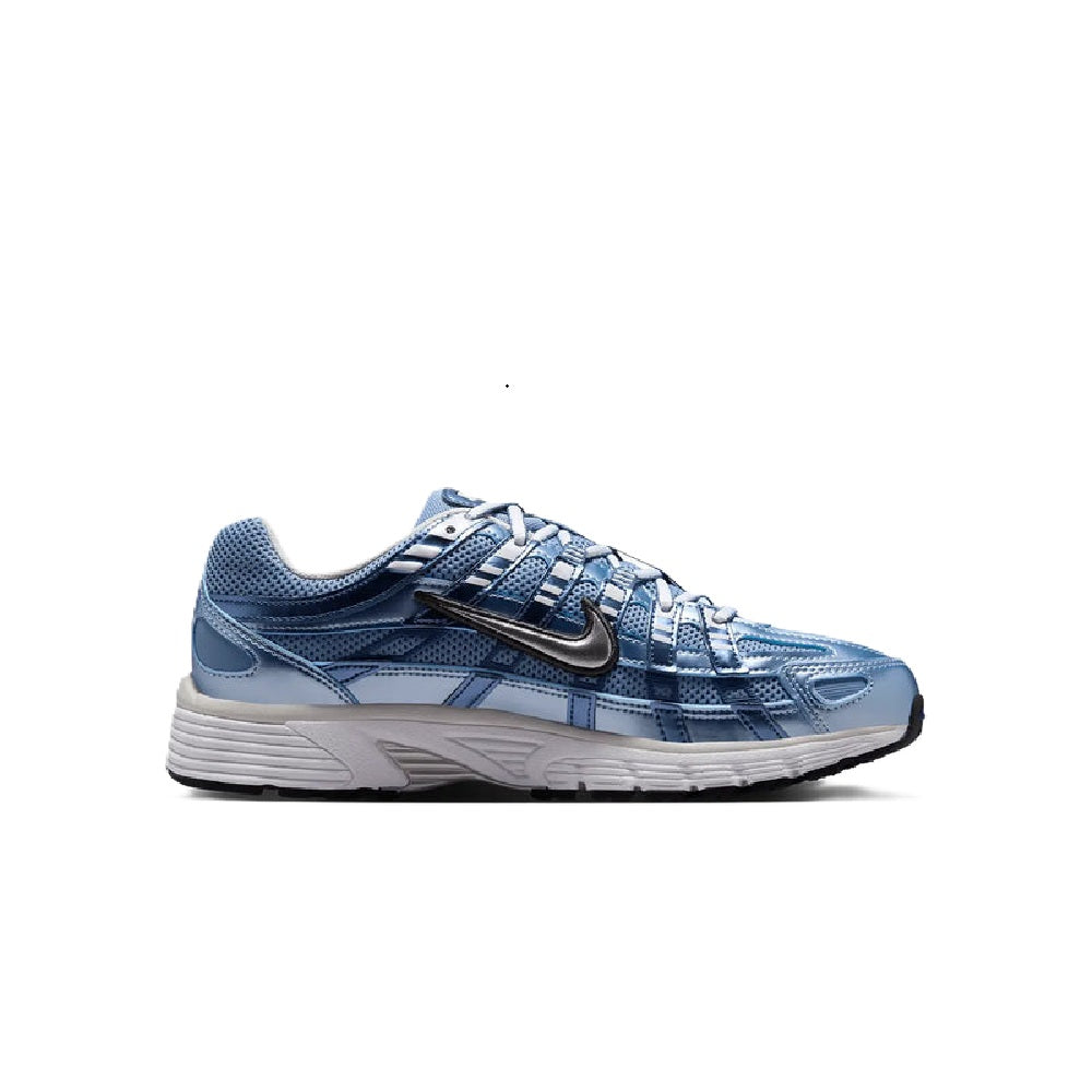 Nike P-6000 running shoes in blue and metallic silver, lace-up with textured panels