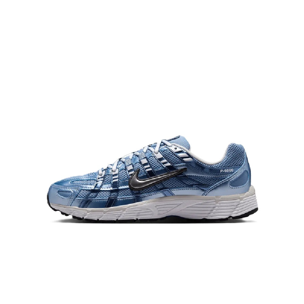 Nike P-6000 running shoes, blue and silver side profile with lace-up mesh upper