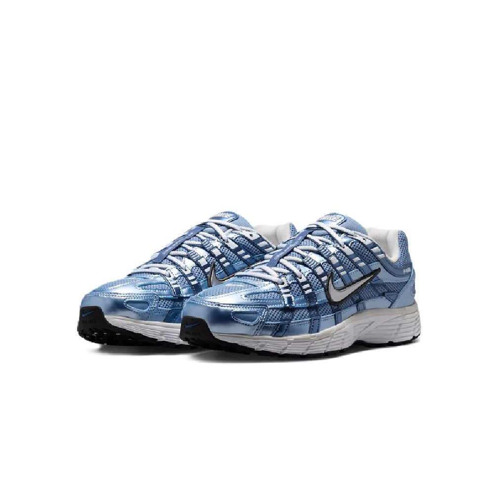 Pair of Nike P-6000 running shoes in blue and silver, lace-up with cushioned sole