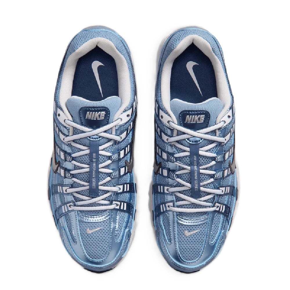 Nike P-6000 running shoes front view in blue and silver with Nike logo on tongue