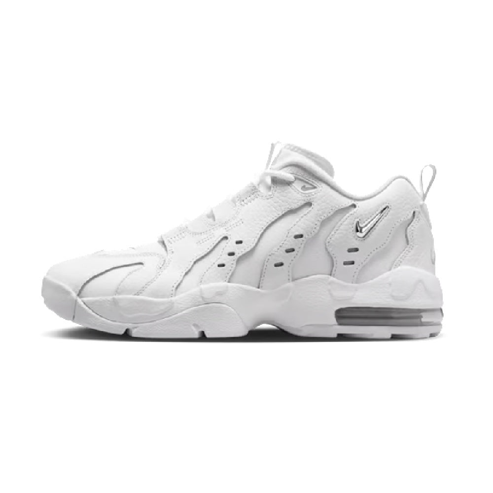 Men's white low-top sneakers with metallic silver Swoosh and lace-up closure