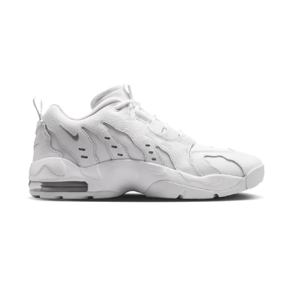 White low-top lace-up sneakers with side panel detailing and chunky rubber sole