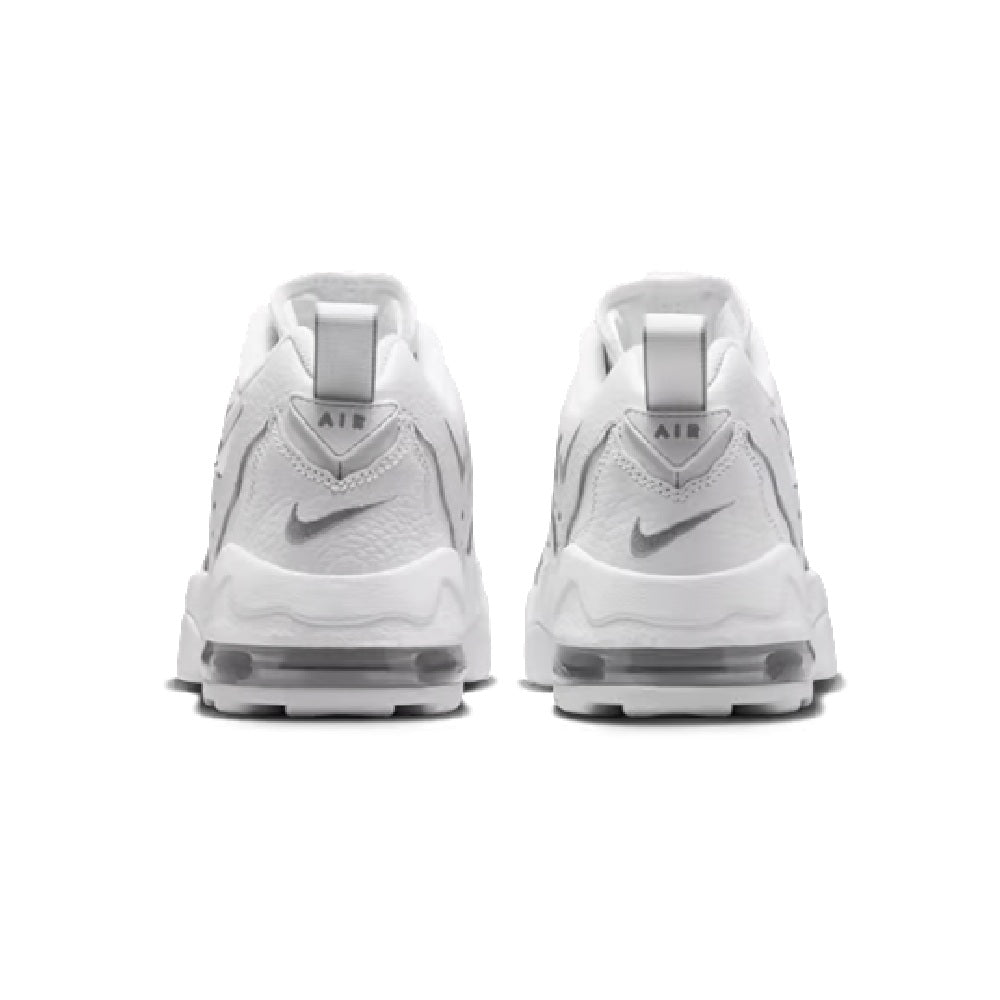 Back view of white low-top sneakers with heel tab, Nike Swoosh, and air sole