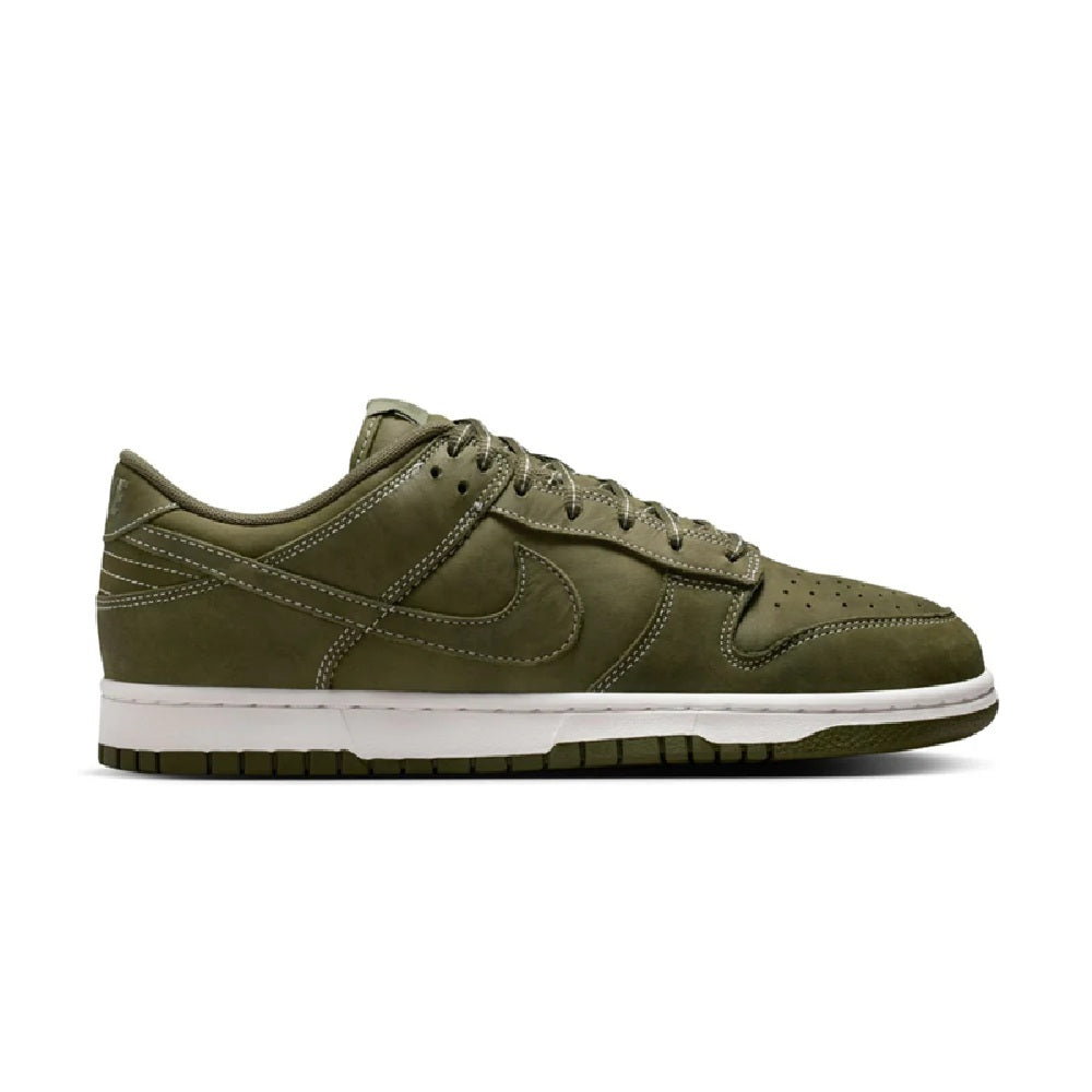 Olive Nike Dunk Low low-top sneakers with stitched overlays, lace-up front, white sole