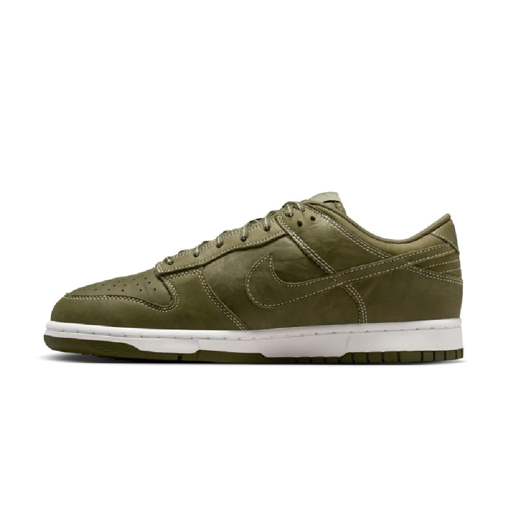 Olive Nike Dunk Low low-top sneakers, side profile with Swoosh and lace-up design