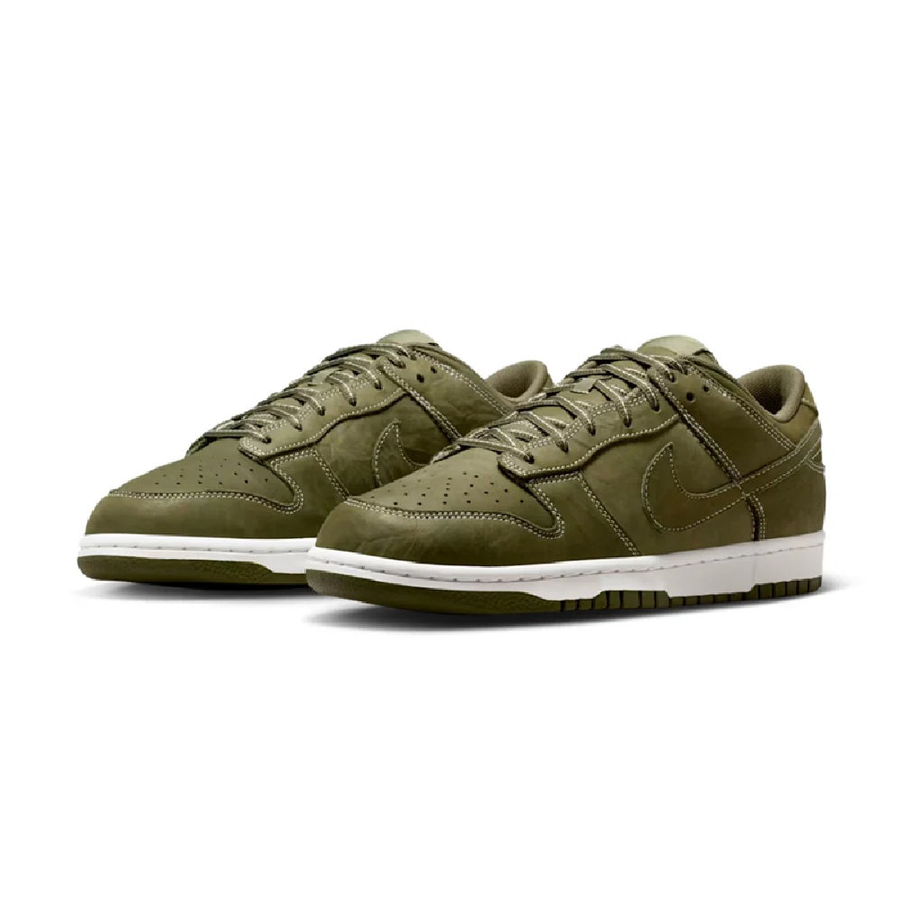 Olive Nike Dunk Low low-top sneakers, two pairs shown from front and side angles