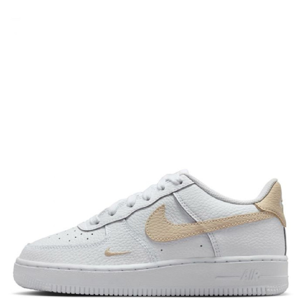 Big kid Nike Air Force 1 sneakers, white leather with tan swoosh and heel