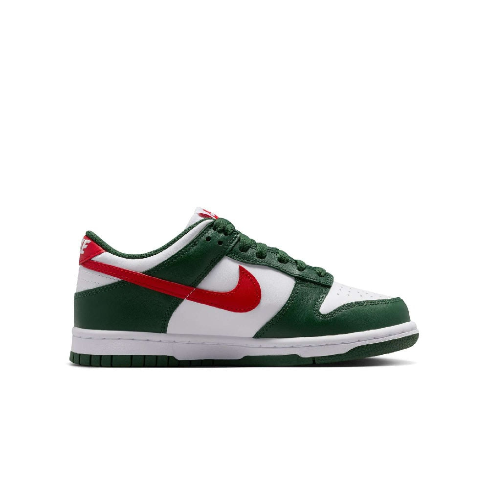 Kids' Nike Dunk Low sneakers with green, white, and red panels and lace-up design