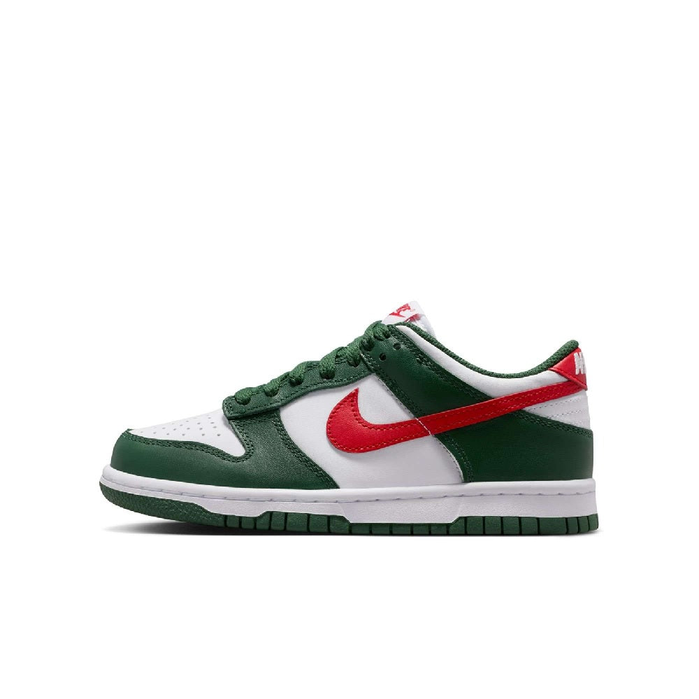Kids' Nike Dunk Low lace-up sneakers, green suede with white leather and red Swoosh