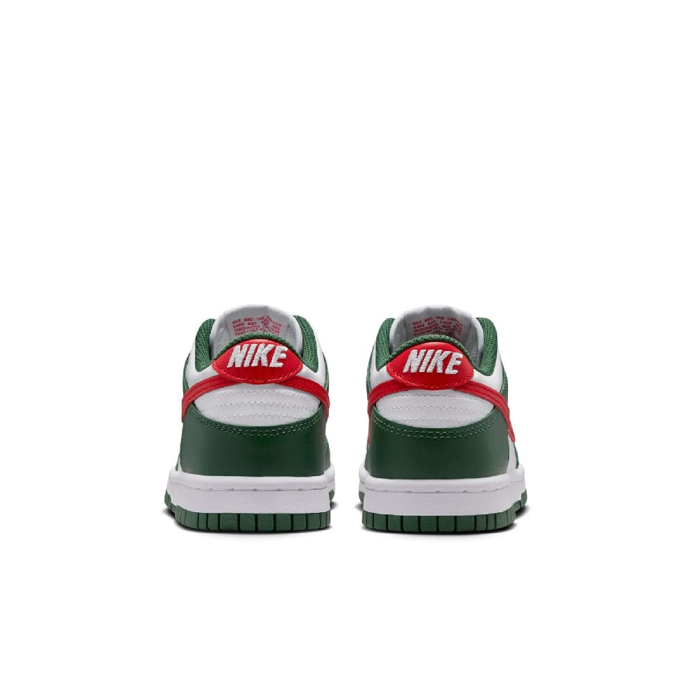 Kids' Nike Dunk Low sneakers with red heel tabs and green back panels, white soles