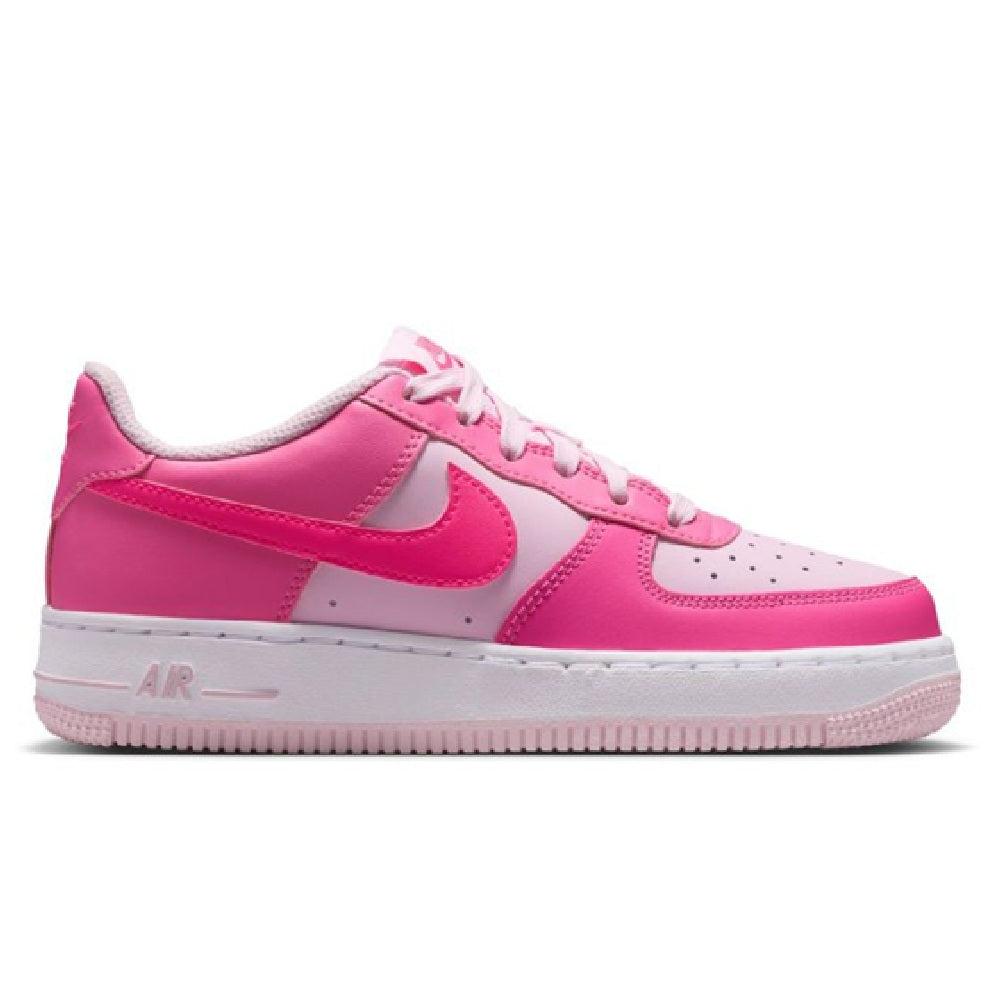 Kids' pink Air Force 1 sneakers, side view with pink swoosh and white lace panel