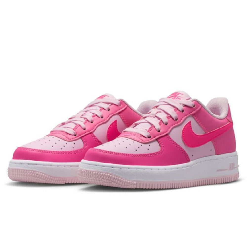 Kids' pink Air Force 1 sneakers, front pair view with lace-up design and swoosh