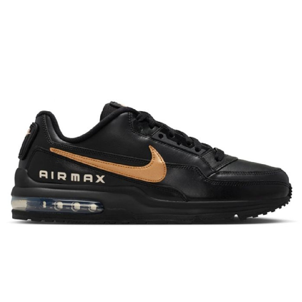 Men's Nike Air Max LTD 3 sneakers, black upper with gold swoosh and visible blue Air unit