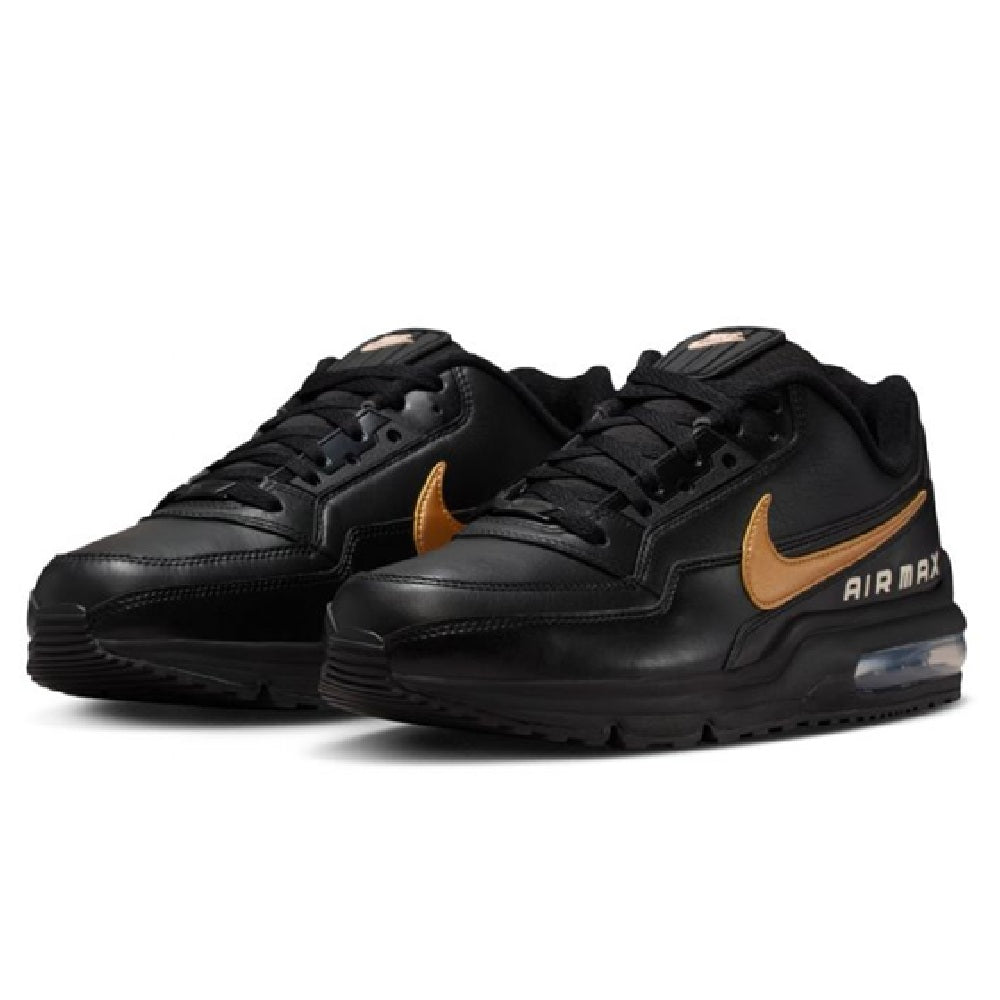 Men's Nike Air Max LTD 3 sneakers, black leather with gold swoosh and Air Max logo on side