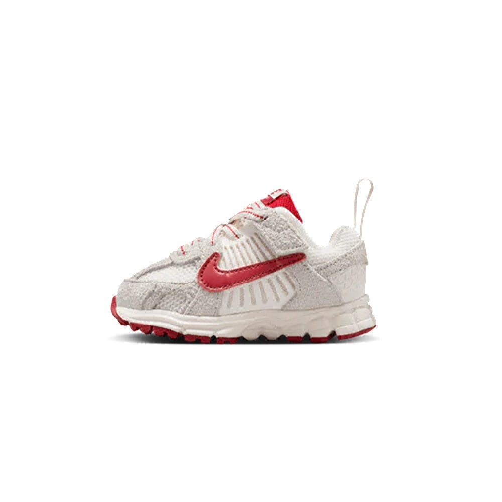 Toddler Nike running shoes, white mesh with red swoosh and padded collar