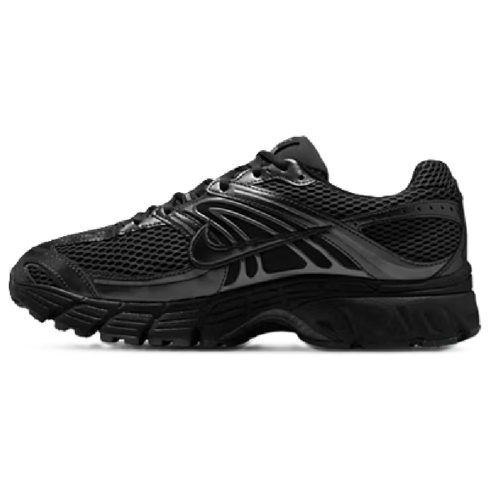 Men's black lace-up running shoe with layered panels and Nike swoosh detail