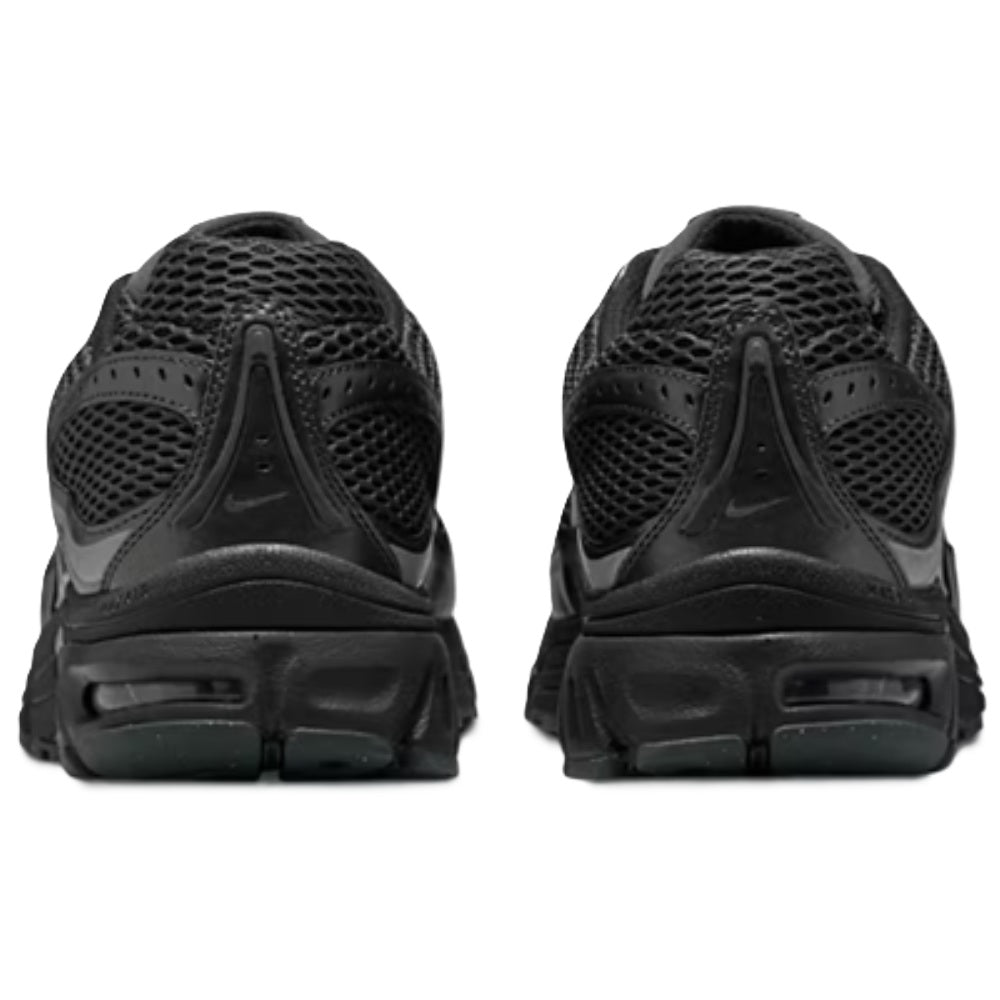 Men's black running shoe heel view with Air Max-style cushioning and lace panel