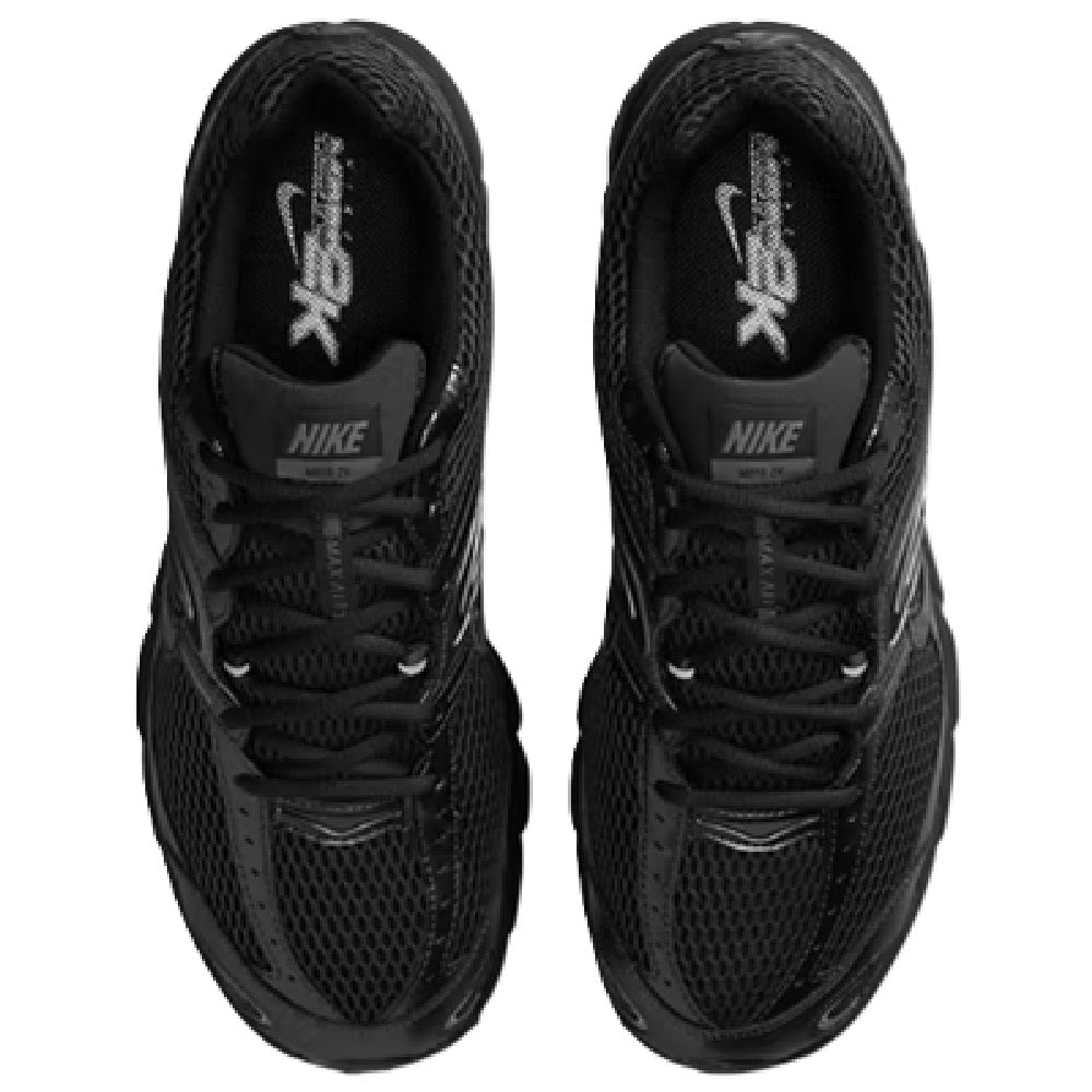 Men's black Nike Air Max shoes, front view with tongue logo and laces