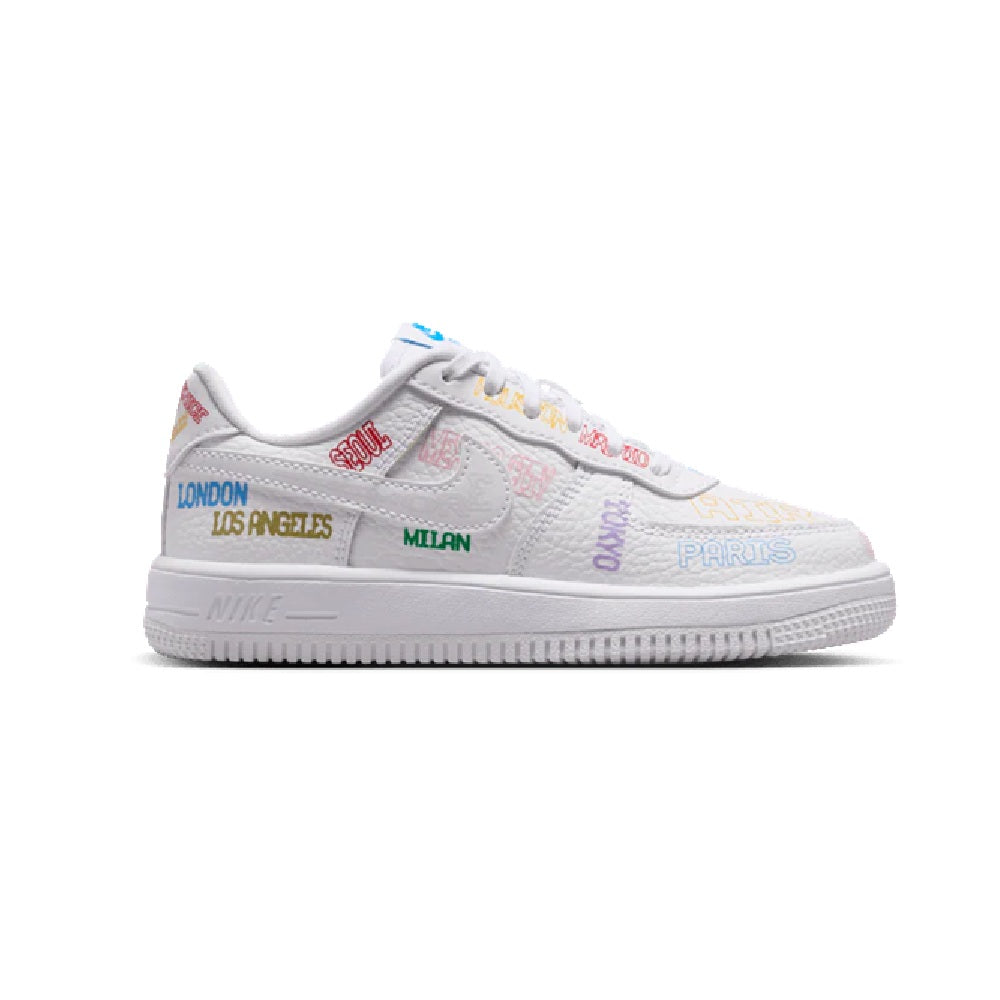 Kids' Nike Force 1 Low sneakers, white with multicolor city graphic side panels