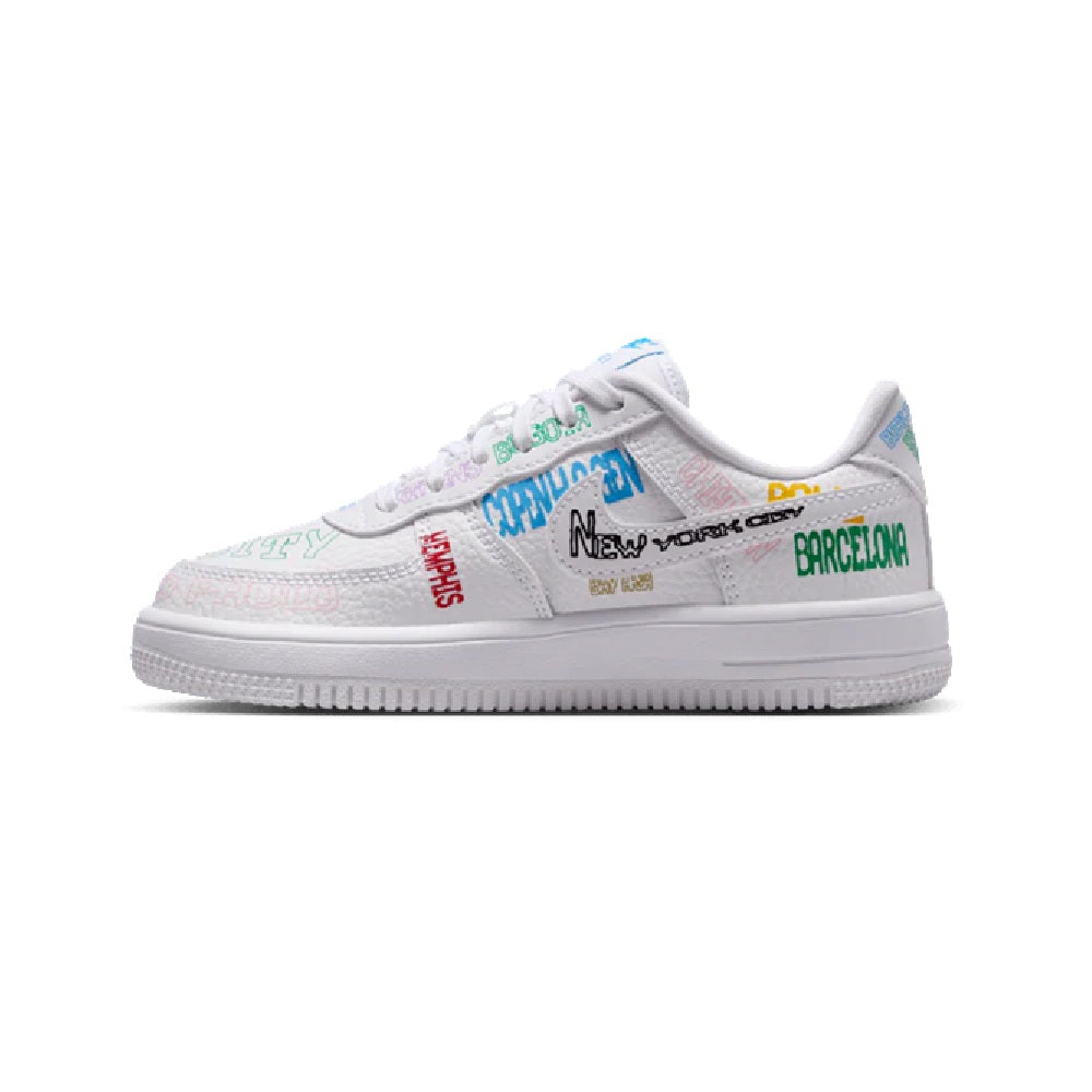 Kids' Nike Force 1 Low sneakers, white with colorful city text on side