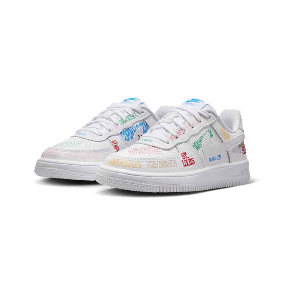Kids' Nike Force 1 Low sneakers, white pair with multicolor festival-style prints