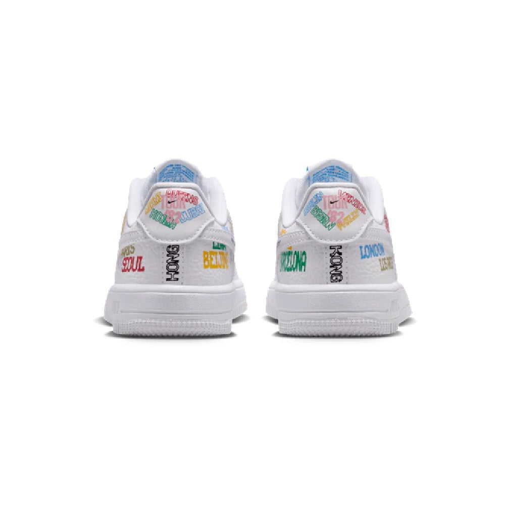 Kids' Nike Force 1 Low sneakers, white heels with multicolor city text back