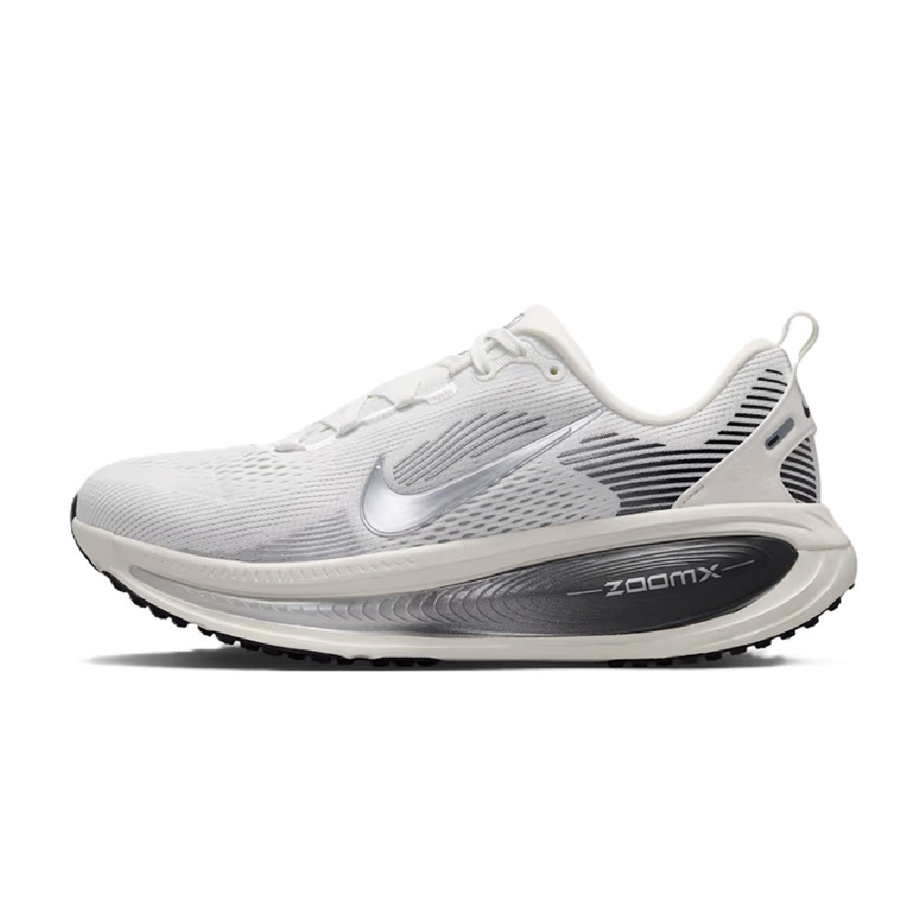 White Nike Vomero 18 lace-up runner with silver-gray upper, swoosh, and ZoomX midsole