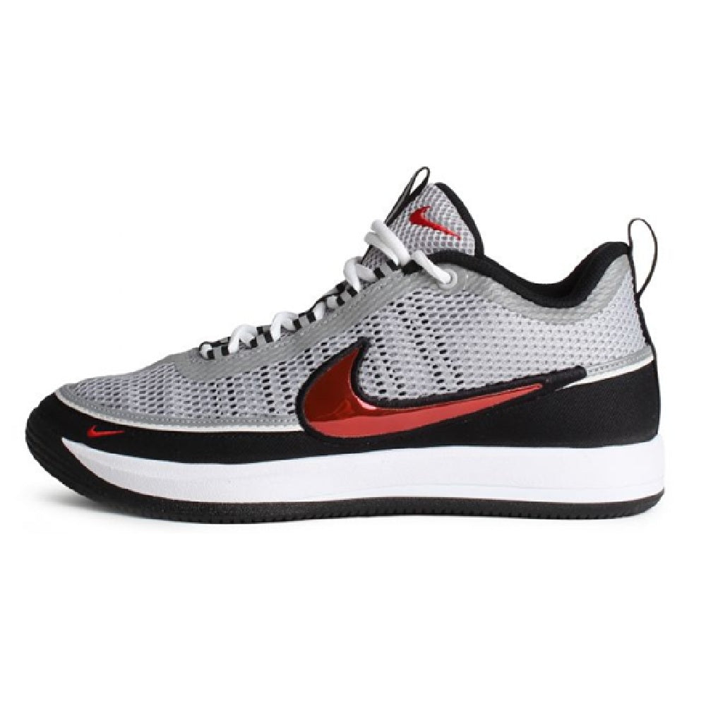 Silver knit low-top sneaker with red Nike swoosh and black sole