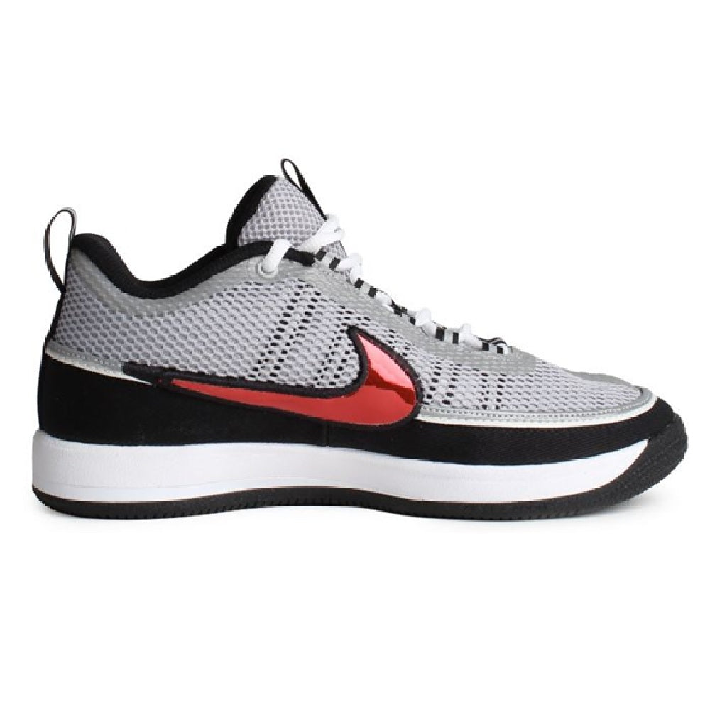 Silver knit low-top sneaker with red Nike swoosh, black heel panel and white midsole