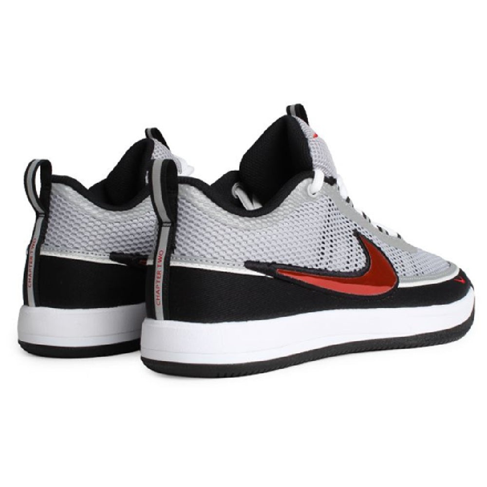 Silver knit low-top sneakers with red Nike swoosh, black heel and white midsole