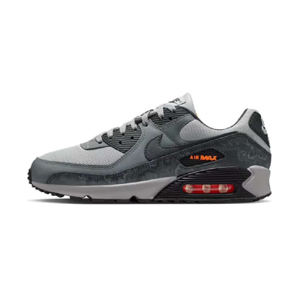 Grey and black lace-up sneakers with Air Max window cushioning in red and white