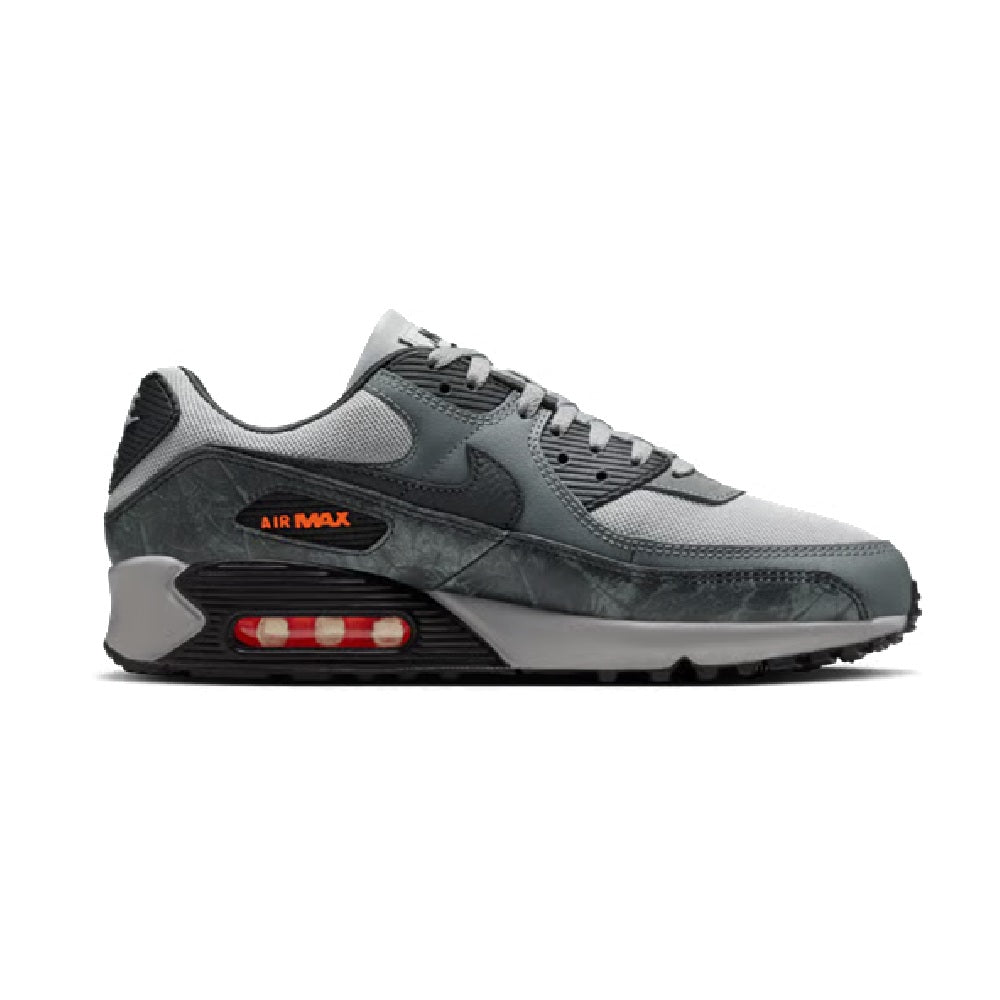 Grey and black running sneakers with side Swoosh and red Air Max air window