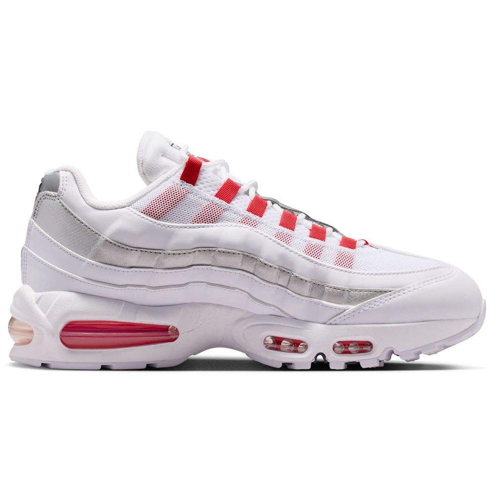 Nike Air Max 95 sneakers in white with red accents and visible Air units